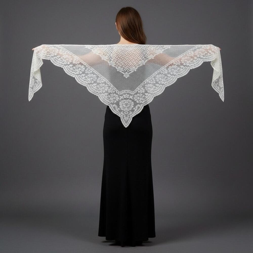 Vintage Cream Lace Shawl-Large Triangle-Bridal Wrap-Scarf-Cottagecore-Wedding